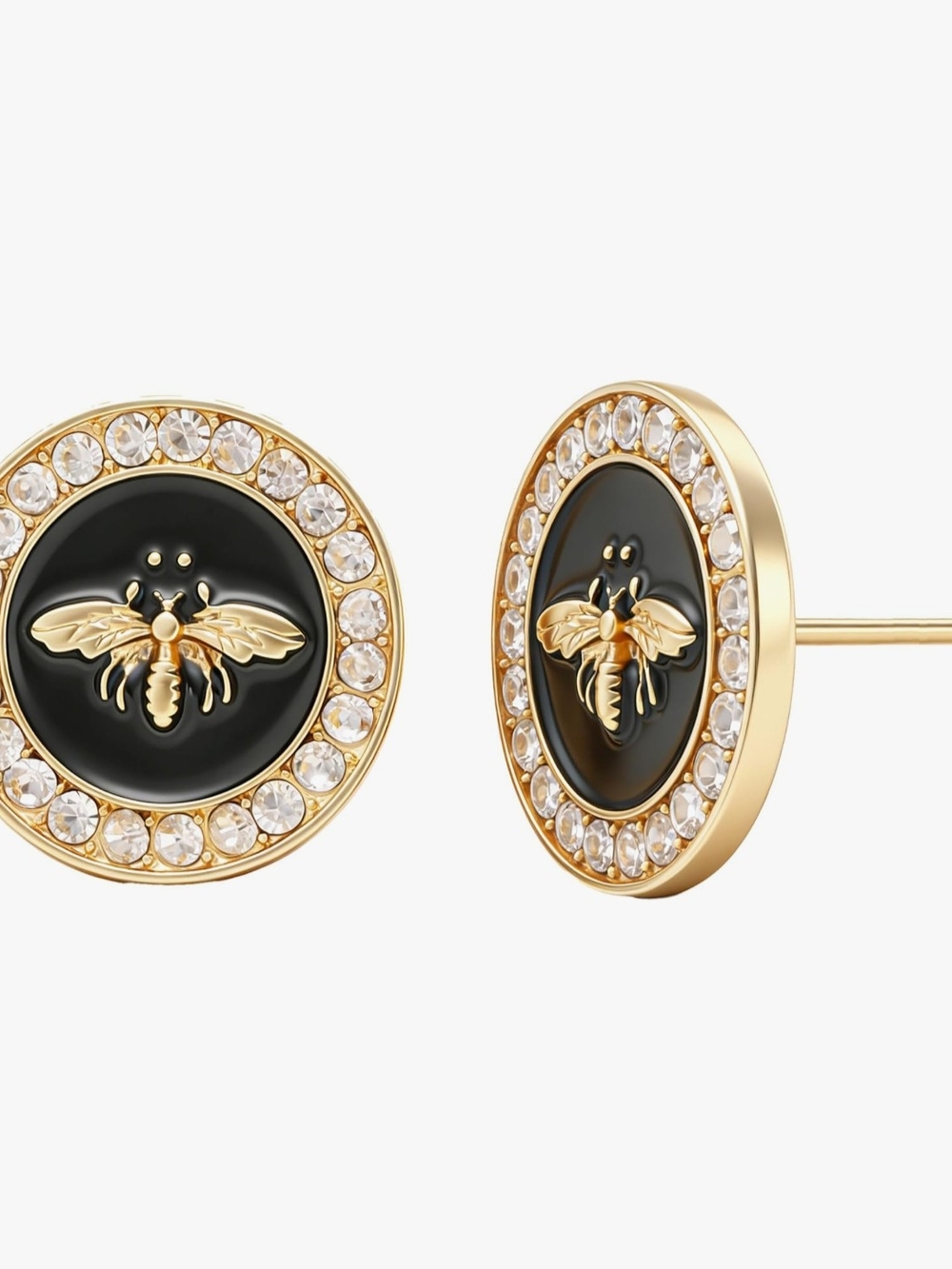 Gold Bee Black Enamel Crystal Halo Stud Earrings